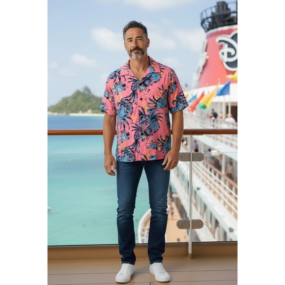 Disney Other - Disney Stitch Hawaiian Shirt Mens Pink Aloha Tropical Button Up Size Small